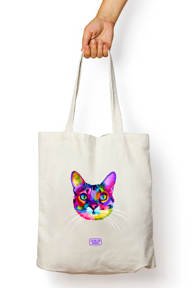 Cool Cat Face Art - Tote Bag with Zipper & Coloured Fabric