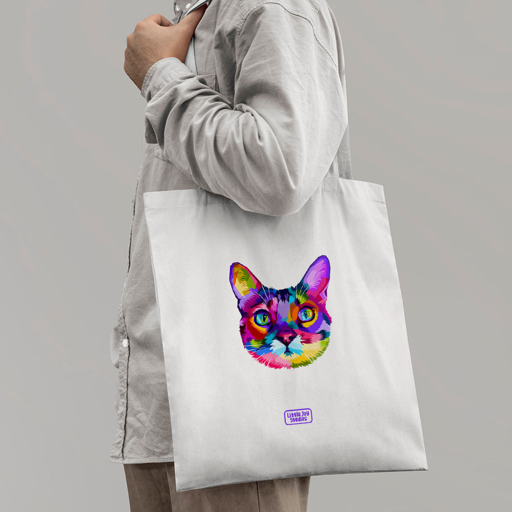 Cool Cat Face Art - Tote Bag with Zipper & Coloured Fabric