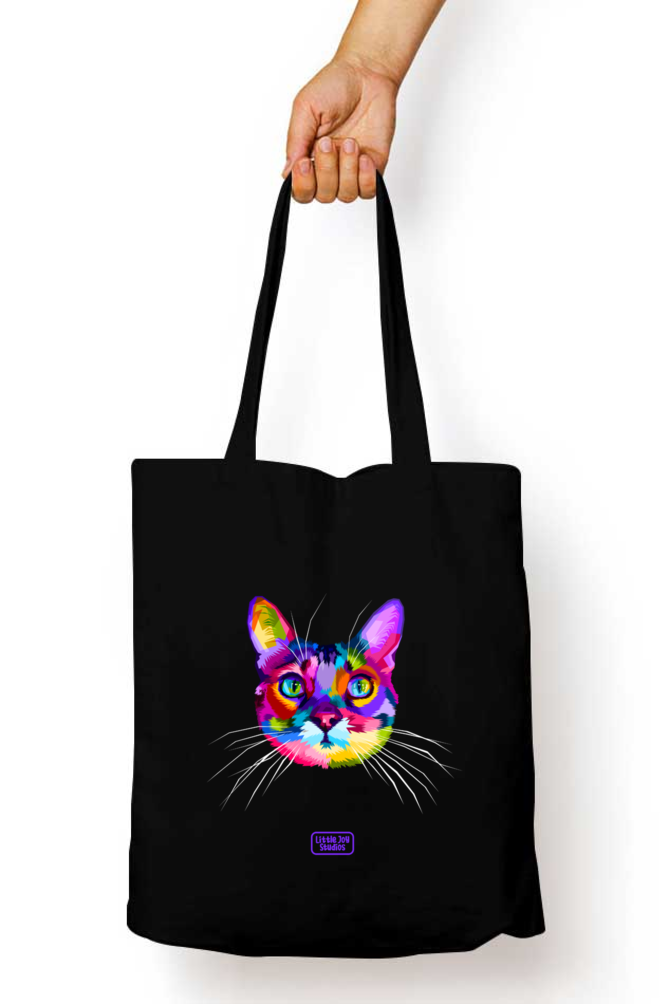 Cool Cat Face Art - Tote Bag with Zipper & Coloured Fabric